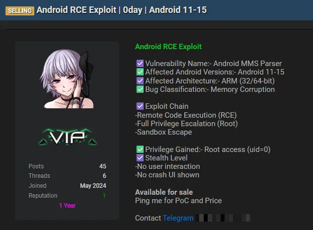 Android zero-day exploit for sale on dark web